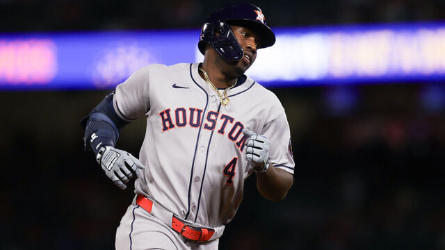 ANAHEIM, CA - SEPTEMBER 27: Jesús Sánchez #4 of the Houston Astros rounds the bases after hitting a home run during the game between the Houston Astros and the Los Angeles Angels at Angel Stadium of Anaheim on Saturday, September 27, 2025 in Anaheim, California.