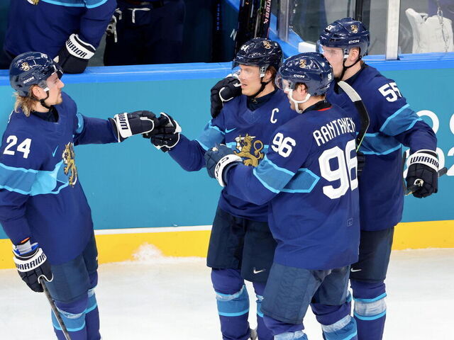 MILAN, ITALY - FEBRUARY 13: Mikko Rantanen #96 of Team Finland celebrate his first goal with teammates during the Ice Hockey - Group B match between Finland and Sweden on day seven of the Milano Cortina 2026 Winter Olympic games at Milano Santagiulia Ice Hockey Arena on February 13, 2026 in Milan, Italy.