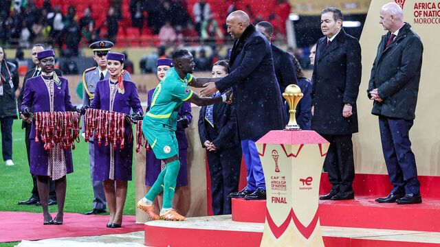 Rabat, Morocco - January 18: Senegal's Sadio Mane gets Man of the Competition award and congratulated by CAF President Patrice Motsepe during the Africa Cup Of Nations Final match between Senegal and Morocco at Prince Moulay Abdellah Stadium on January 18, 2026 in Rabat, Morocco.