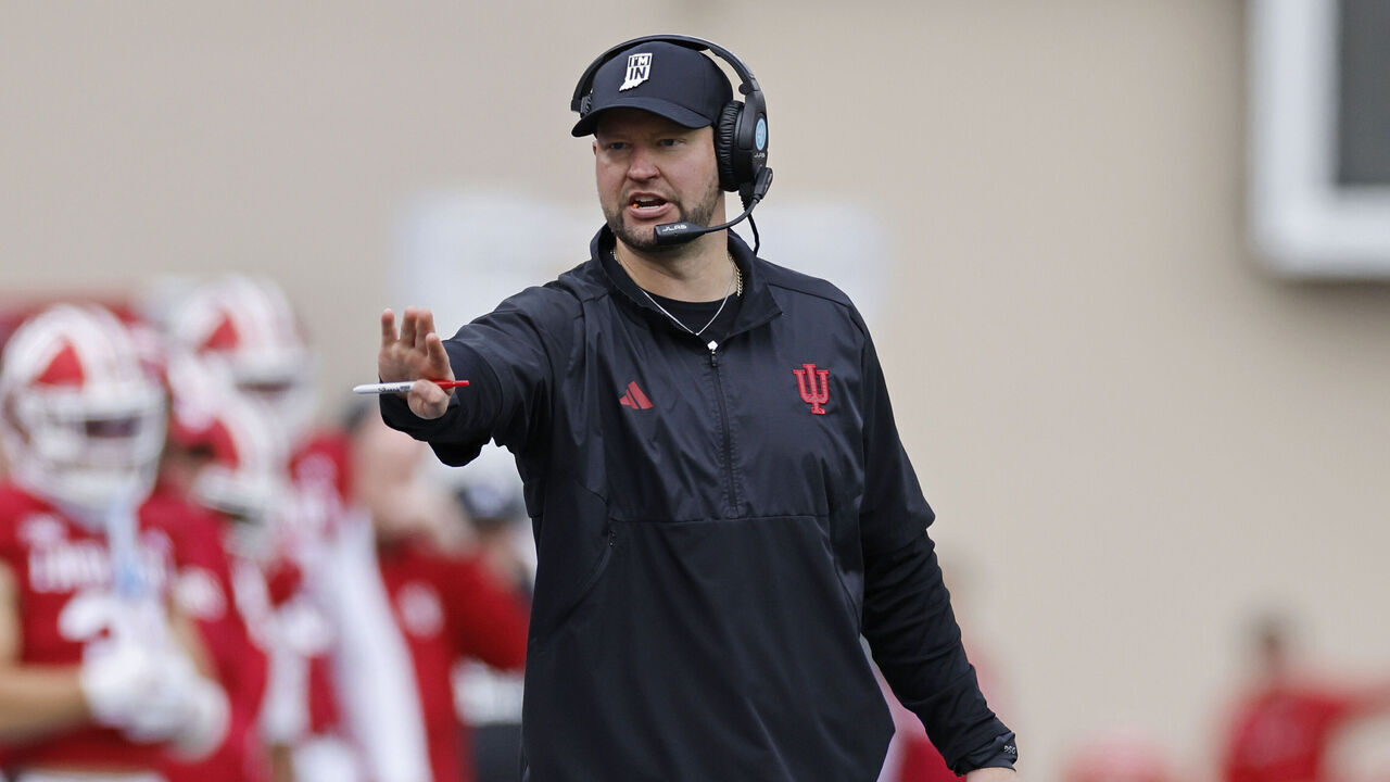 BLOOMINGTON, IN - OCTOBER 25: Defensive coordinator Bryant Haines and head coach Curt Cignetti of the Indiana Hoosiers look on during a college football game against the UCLA Bruins on October 25, 2025 at Memorial Stadium in Bloomington, Indiana.