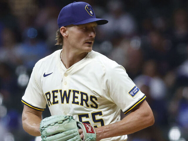 MILWAUKEE, WI - AUGUST 11: Milwaukee Brewers pitcher Shelby Miller (55) pitches during a game between the Milwaukee Brewers and the Pittsburgh Pirates at American Family Field on August 11, 2025 in Milwaukee, WI.