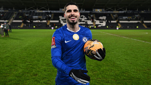 HULL, ENGLAND - FEBRUARY 13: Pedro Neto of Chelsea poses with the match ball after scoring a hat-trick during the Emirates FA Cup Fourth Round match between Hull City and Chelsea at MKM Stadium on February 13, 2026 in Hull, England.