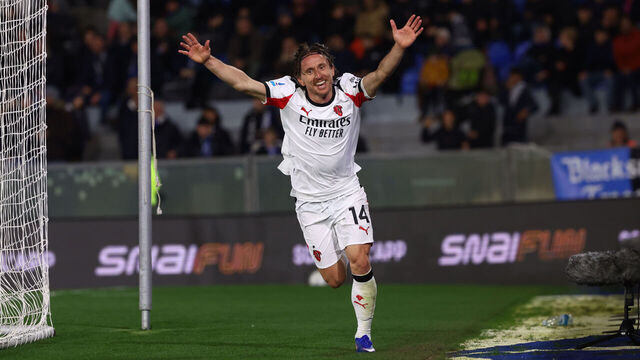 PISA, ITALY - FEBRUARY 13: Luka Modric of AC Milan celebrates after scoring the goal during the Serie A match between Pisa SC and AC Milan at Arena Garibaldi on February 13, 2026 in Pisa, Italy.