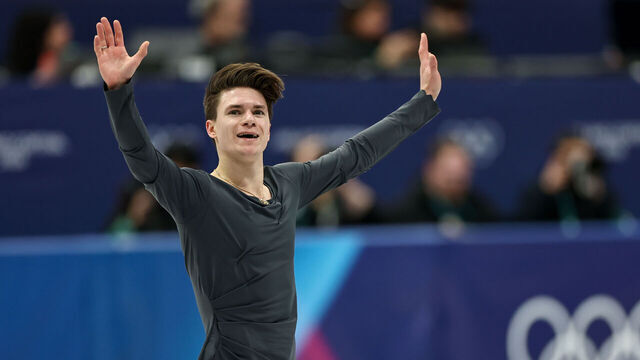 MILAN, ITALY - FEBRUARY 13: Maxim Naumov of Team United States reacts after competing in the Men's Single Skating on day seven of the Milano Cortina 2026 Winter Olympic games at Milano Ice Skating Arena on February 13, 2026 in Milan, Italy.
