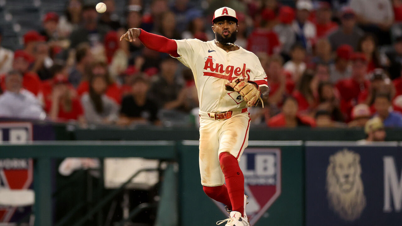 ANAHEIM, CALIFORNIA - SEPTEMBER 24: Luis Rengifo #2 of the Los Angeles Angels throws to first base during the fourth inning against the Kansas City Royals at Angel Stadium of Anaheim on September 24, 2025 in Anaheim, California.
