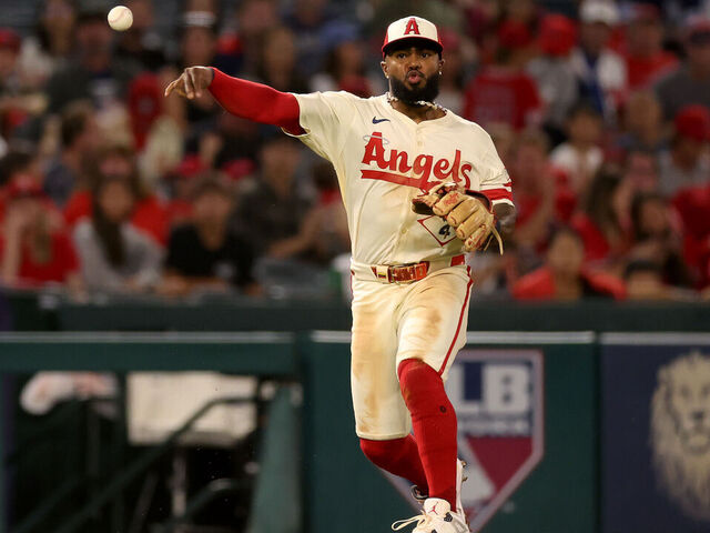 ANAHEIM, CALIFORNIA - SEPTEMBER 24: Luis Rengifo #2 of the Los Angeles Angels throws to first base during the fourth inning against the Kansas City Royals at Angel Stadium of Anaheim on September 24, 2025 in Anaheim, California.