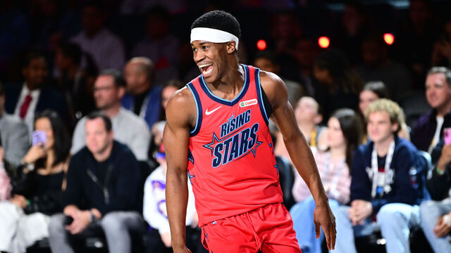 LOS ANGELES, CA - FEBRUARY 13: VJ Edgecombe #77 of Team Vince celebrates during the game against Team T-Mac during the Castrol NBA Rising Stars as part of NBA All-Star Weekend on Friday, February 13, 2026 at Intuit Dome in Los Angeles, California. NOTE TO USER: User expressly acknowledges and agrees that, by downloading and/or using this Photograph, user is consenting to the terms and conditions of the Getty Images License Agreement. Mandatory Copyright Notice: Copyright 2026 NBAE