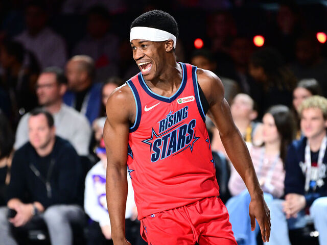 LOS ANGELES, CA - FEBRUARY 13: VJ Edgecombe #77 of Team Vince celebrates during the game against Team T-Mac during the Castrol NBA Rising Stars as part of NBA All-Star Weekend on Friday, February 13, 2026 at Intuit Dome in Los Angeles, California. NOTE TO USER: User expressly acknowledges and agrees that, by downloading and/or using this Photograph, user is consenting to the terms and conditions of the Getty Images License Agreement. Mandatory Copyright Notice: Copyright 2026 NBAE
