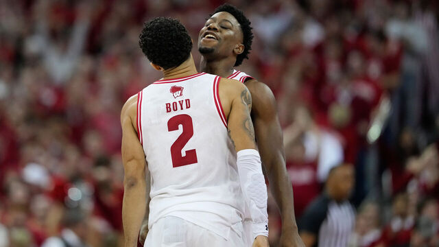 MADISON, WISCONSIN - FEBRUARY 13: John Blackwell #25 of the Wisconsin Badgers celebrates with Nick Boyd #2 during a scoring run in the first half against the Michigan State Spartans at Kohl Center on February 13, 2026 in Madison, Wisconsin.