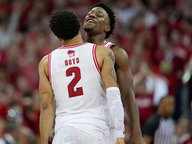 MADISON, WISCONSIN - FEBRUARY 13: John Blackwell #25 of the Wisconsin Badgers celebrates with Nick Boyd #2 during a scoring run in the first half against the Michigan State Spartans at Kohl Center on February 13, 2026 in Madison, Wisconsin.