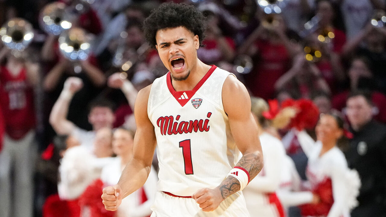 OXFORD, OHIO - JANUARY 27: Trey Perry #1 of the Miami (OH) RedHawks celebrates after beating the UMass Minutemen 86-84 at Millett Hall on January 27, 2026 in Oxford, Ohio.