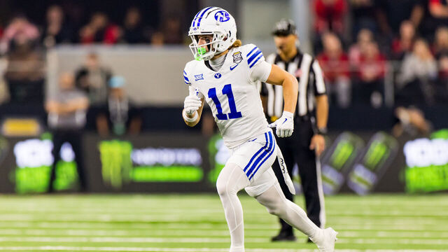 ARLINGTON, TEXAS - DECEMBER 06: Parker Kingston #11 of the BYU Cougars runs a route during the first half the Big 12 Championship game against the Texas Tech Red Raiders at AT&T Stadium on December 06, 2025 in Arlington, Texas.