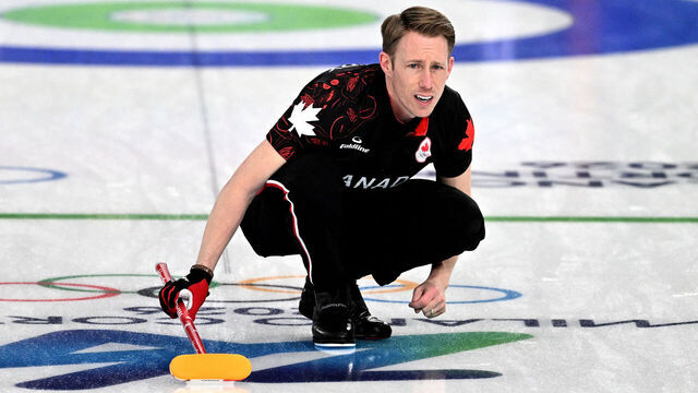 Marc Kennedy of Team Canada competes in the curling men's round robin between Canada and USA during the Milano Cortina 2026 Winter Olympic Games at the Cortina Curling Olympic Stadium in Cortina d'Ampezzo on February 13, 2026.