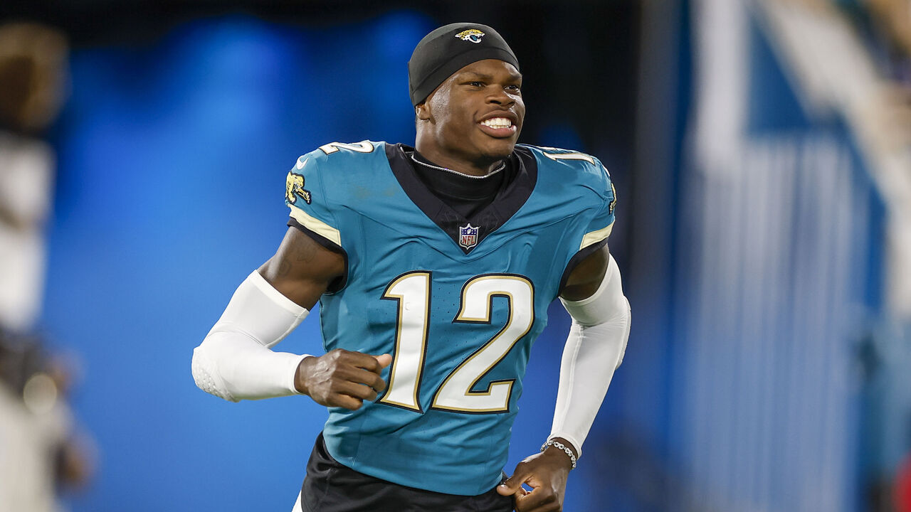 JACKSONVILLE, FL - OCTOBER 06: Jacksonville Jaguars wide receiver Travis Hunter (12) runs out one the field before the game between the Kansas City Chiefs and the Jacksonville Jaguars on October 6, 2025 at EverBank Stadium in Jacksonville, Fl.