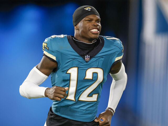 JACKSONVILLE, FL - OCTOBER 06: Jacksonville Jaguars wide receiver Travis Hunter (12) runs out one the field before the game between the Kansas City Chiefs and the Jacksonville Jaguars on October 6, 2025 at EverBank Stadium in Jacksonville, Fl.