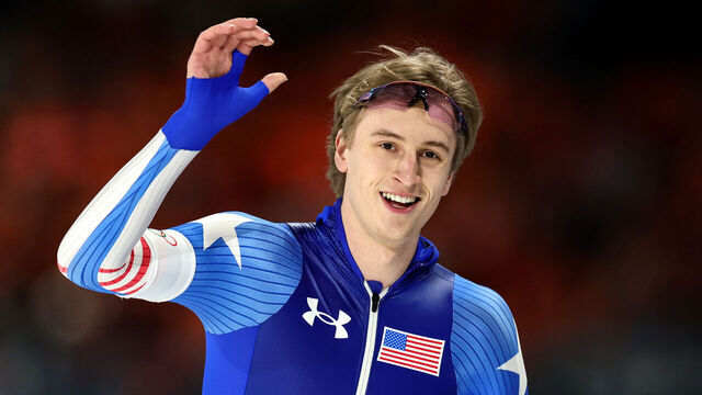 MILAN, ITALY - FEBRUARY 14: Jordan Stolz of Team United States reacts after breaking the Olympic record for the Speed Skating Men's 500m on day eight of the Milano Cortina 2026 Winter Olympic games at Milano Speed Skating Stadium on February 14, 2026 in Milan, Italy.