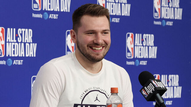 Slovenian basketball player Luka Doncic of the Los Angeles Lakers speaks to the media during the NBA All-Star media day at the Intuit Dome in Los Angeles, on February 14, 2026.