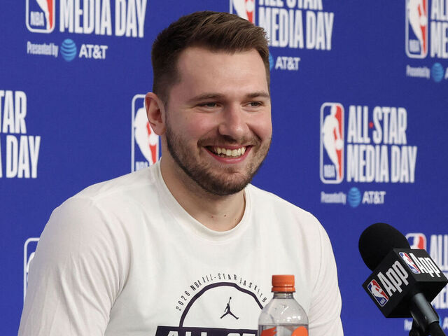 Slovenian basketball player Luka Doncic of the Los Angeles Lakers speaks to the media during the NBA All-Star media day at the Intuit Dome in Los Angeles, on February 14, 2026.