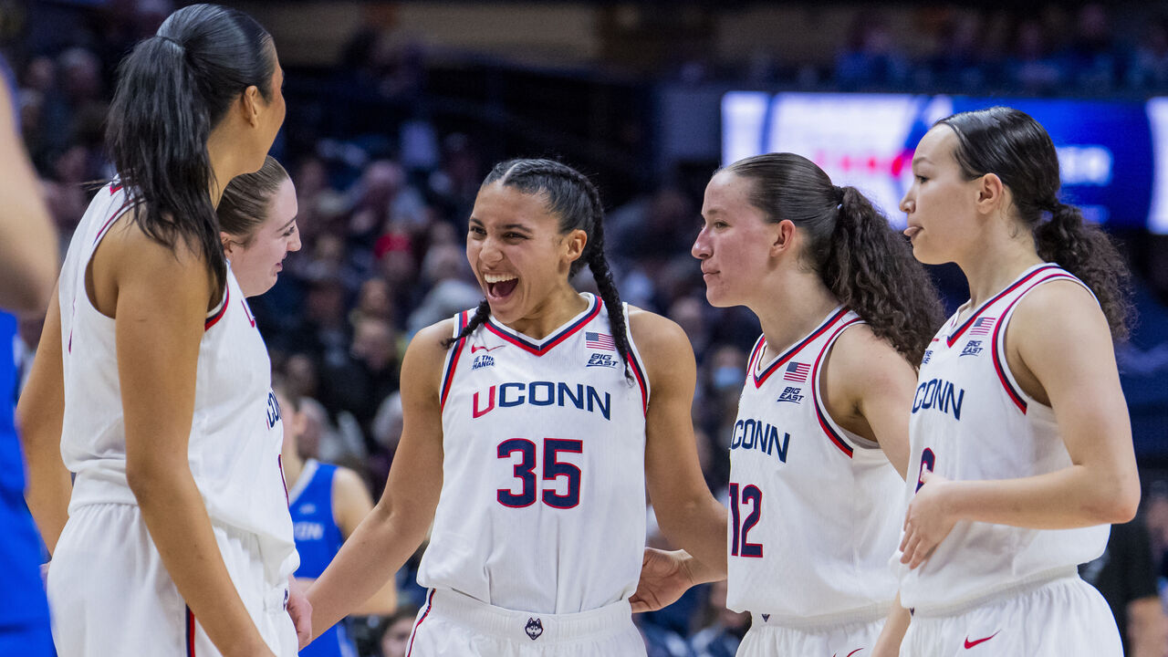 STORRS, CONNECTICUT - FEBRUARY 11: Jana El Alfy #8, Allie Ziebell #11, Azzi Fudd #35, Ashlynn Shade #12 and Kayleigh Heckel #9 of the Connecticut Huskies play against the Creighton Bluejays at Harry A. Gampel Pavilion on February 11, 2026 in Storrs, Connecticut.