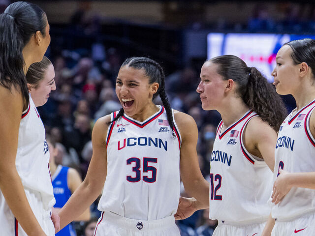 STORRS, CONNECTICUT - FEBRUARY 11: Jana El Alfy #8, Allie Ziebell #11, Azzi Fudd #35, Ashlynn Shade #12 and Kayleigh Heckel #9 of the Connecticut Huskies play against the Creighton Bluejays at Harry A. Gampel Pavilion on February 11, 2026 in Storrs, Connecticut.