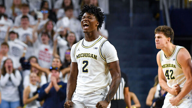 ANN ARBOR, MICHIGAN - FEBRUARY 14: L.J. Cason #2 of the Michigan Wolverines reacts after a play during the second half of a college basketball game against the UCLA Bruins at Crisler Arena on February 14, 2026 in Ann Arbor, Michigan. The Michigan Wolverines won 86-56.