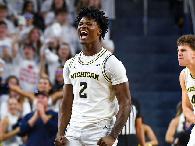 ANN ARBOR, MICHIGAN - FEBRUARY 14: L.J. Cason #2 of the Michigan Wolverines reacts after a play during the second half of a college basketball game against the UCLA Bruins at Crisler Arena on February 14, 2026 in Ann Arbor, Michigan. The Michigan Wolverines won 86-56.