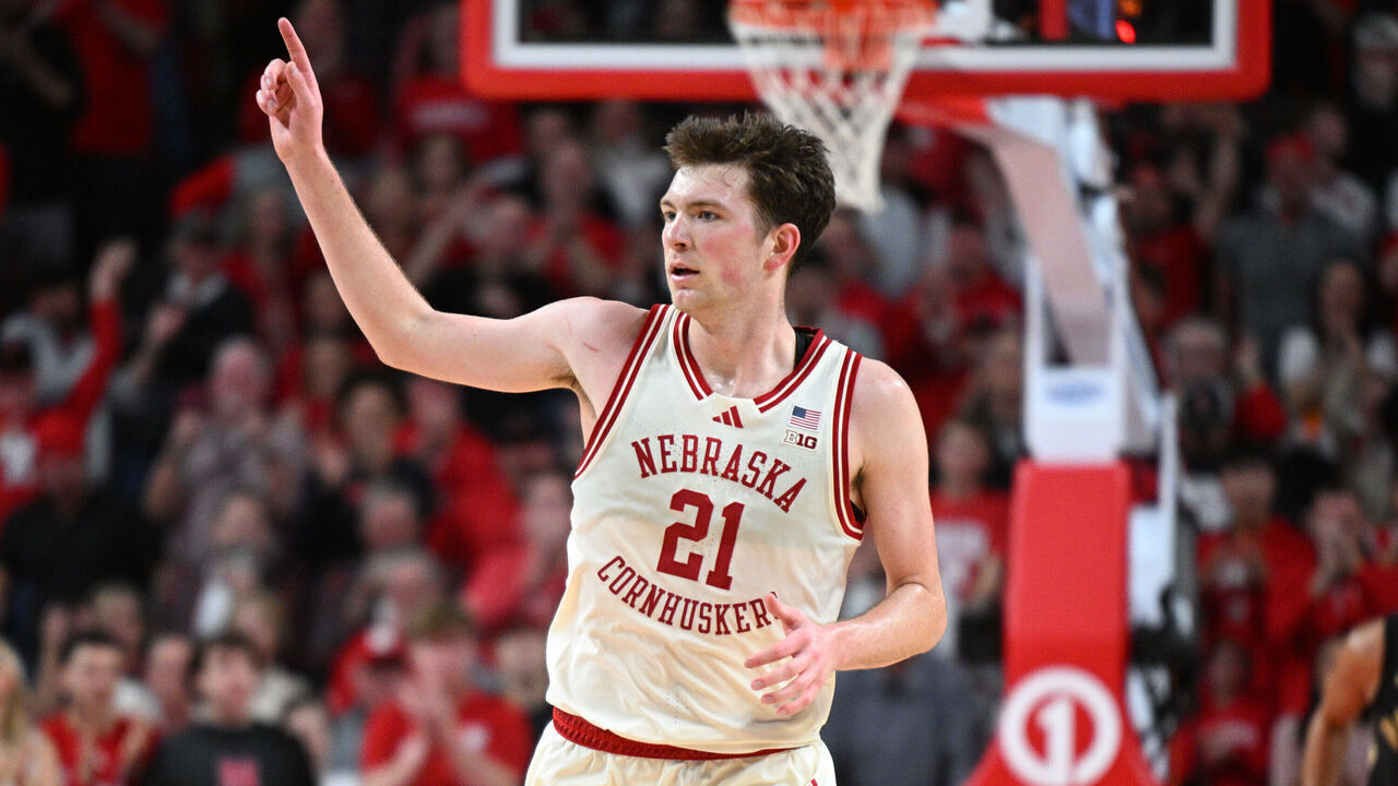 LINCOLN, NEBRASKA - FEBRUARY 10: Pryce Sandfort #21 of the Nebraska Cornhuskers signals after scoring against the Purdue Boilermakers in overtime at Pinnacle Bank Arena on February 10, 2026 in Lincoln, Nebraska.