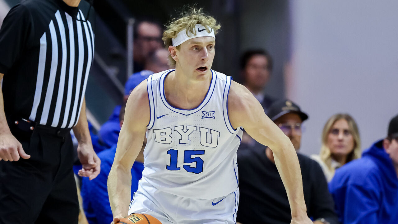 PROVO, UTAH - FEBRUARY 7: Richie Saunders #15 of the BYU Cougars dribbles the ball during the second half of the game between Houston Cougars and BYU Cougars at Marriott Center on February 7, 2026 in Provo, Utah.