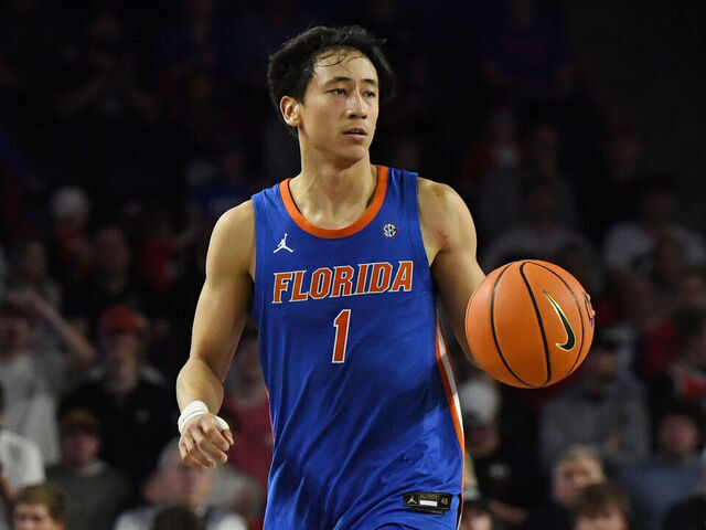 ATHENS, GA - FEBRUARY 11: Guard Xaivian Lee #1 of the Florida Gators looks down court during the college basketball game between the Florida Gators and the Georgia Bulldogs on February 11, 2026, at Stegeman Coliseum in Athens, GA.