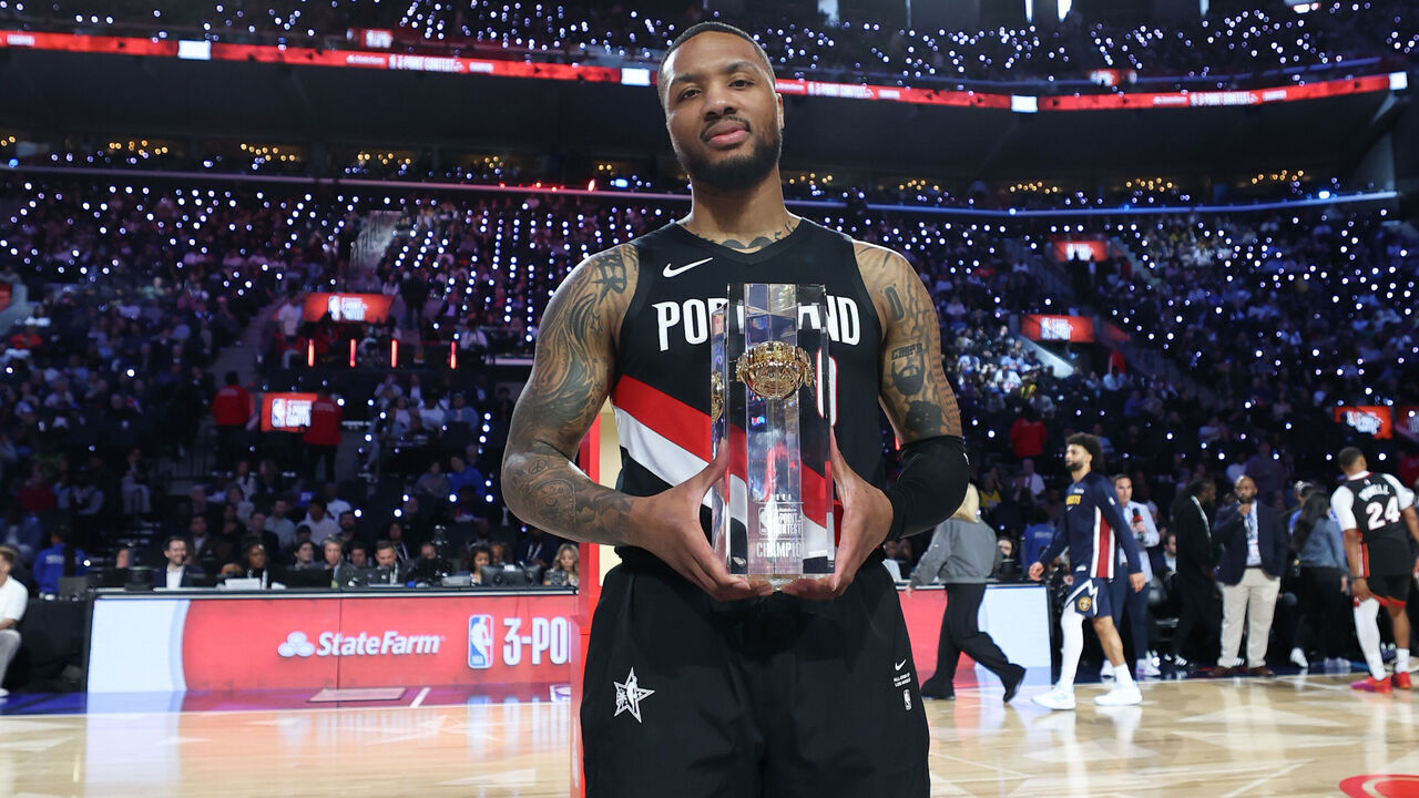 LOS ANGELES, CA - FEBRUARY 14: Damian Lillard #0 of the Portland Trail Blazers receives the 2026 State Farm 3-Point Champion award during the State Farm 3-Point Contest as part of the 2026 NBA All-Star Weekend on Saturday, February 14, 2026 at Los Angeles Convention Center in Los Angeles, California. NOTE TO USER: User expressly acknowledges and agrees that, by downloading and/or using this Photograph, user is consenting to the terms and conditions of the Getty Images License Agreement. Mandatory Copyright Notice: Copyright 2026 NBAE