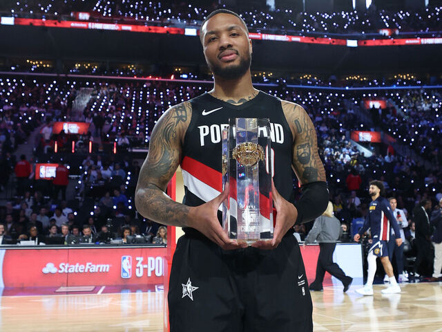 LOS ANGELES, CA - FEBRUARY 14: Damian Lillard #0 of the Portland Trail Blazers receives the 2026 State Farm 3-Point Champion award during the State Farm 3-Point Contest as part of the 2026 NBA All-Star Weekend on Saturday, February 14, 2026 at Los Angeles Convention Center in Los Angeles, California. NOTE TO USER: User expressly acknowledges and agrees that, by downloading and/or using this Photograph, user is consenting to the terms and conditions of the Getty Images License Agreement. Mandatory Copyright Notice: Copyright 2026 NBAE