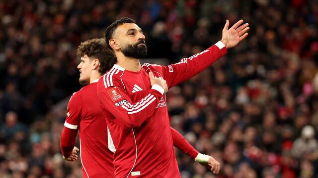 LIVERPOOL, ENGLAND - FEBRUARY 14: Mohamed Salah of Liverpool celebrates scoring his team's third goal during the Emirates FA Cup Fourth Round match between Liverpool and Brighton & Hove Albion at Anfield on February 14, 2026 in Liverpool, England.