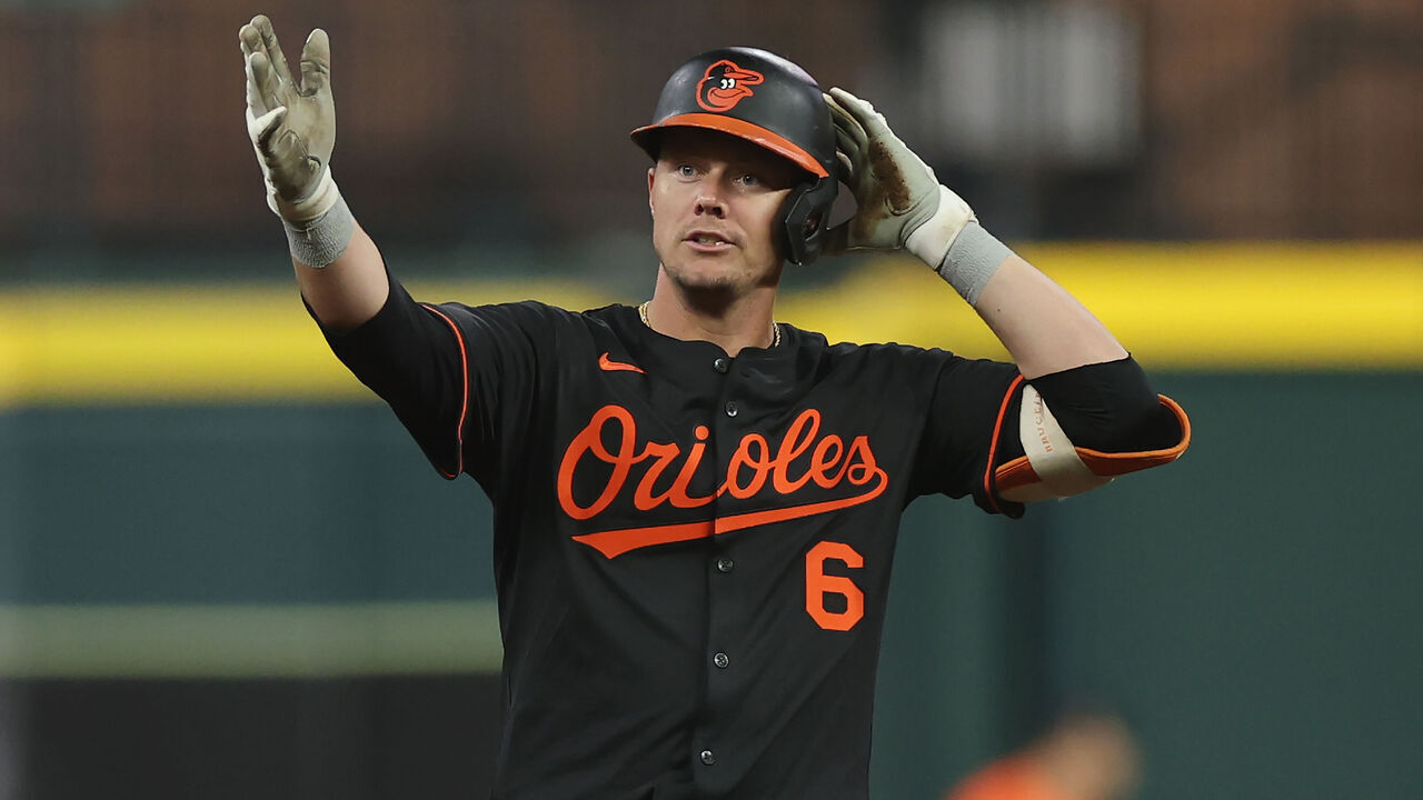 HOUSTON, TEXAS - AUGUST 15: Ryan Mountcastle #6 of the Baltimore Orioles reacts after a double in the eighth inning against the Houston Astros at Daikin Park on August 15, 2025 in Houston, Texas.