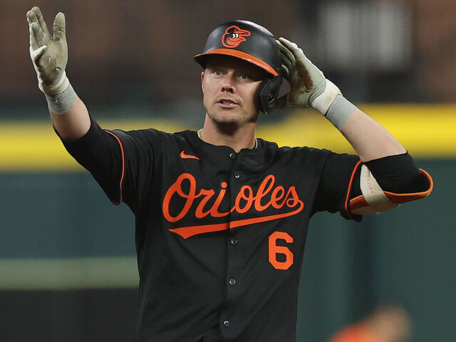 HOUSTON, TEXAS - AUGUST 15: Ryan Mountcastle #6 of the Baltimore Orioles reacts after a double in the eighth inning against the Houston Astros at Daikin Park on August 15, 2025 in Houston, Texas.