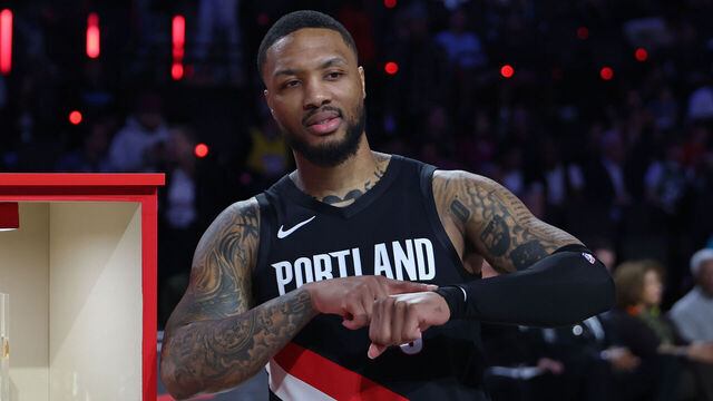 LOS ANGELES, CA - FEBRUARY 14: Damian Lillard #0 of the Portland Trail Blazers celebrates after winning the State Farm 3-Point Contest as a part of State Farm All-Star Saturday on Saturday, February 14, 2026 in Los Angeles, California. NOTE TO USER: User expressly acknowledges and agrees that, by downloading and/or using this Photograph, user is consenting to the terms and conditions of the Getty Images License Agreement. Mandatory Copyright Notice: Copyright 2026 NBAE