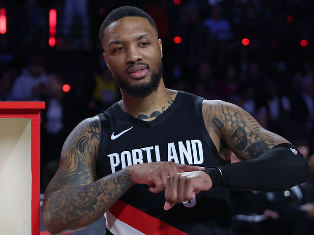 LOS ANGELES, CA - FEBRUARY 14: Damian Lillard #0 of the Portland Trail Blazers celebrates after winning the State Farm 3-Point Contest as a part of State Farm All-Star Saturday on Saturday, February 14, 2026 in Los Angeles, California. NOTE TO USER: User expressly acknowledges and agrees that, by downloading and/or using this Photograph, user is consenting to the terms and conditions of the Getty Images License Agreement. Mandatory Copyright Notice: Copyright 2026 NBAE