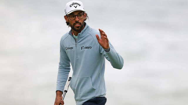 PEBBLE BEACH, CALIFORNIA - FEBRUARY 14: Akshay Bhatia of the United States reacts on the fifth green during the third round of the AT&T Pebble Beach Pro-Am 2026 at Pebble Beach Golf Links on February 14, 2026 in Pebble Beach, California.