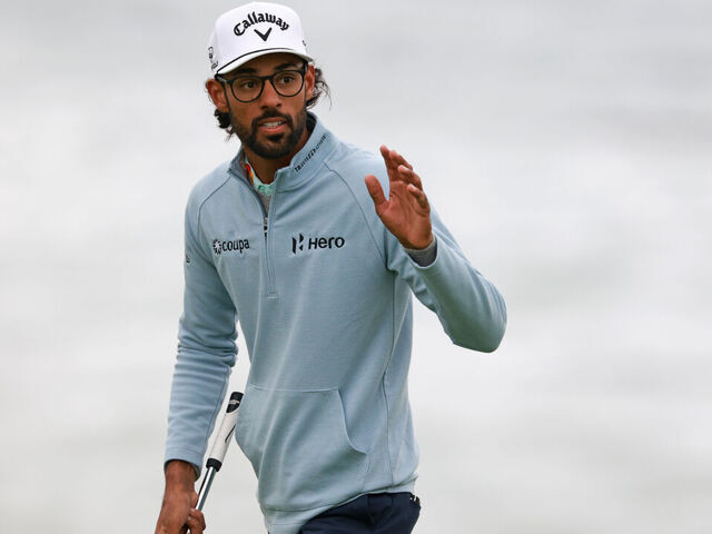 PEBBLE BEACH, CALIFORNIA - FEBRUARY 14: Akshay Bhatia of the United States reacts on the fifth green during the third round of the AT&T Pebble Beach Pro-Am 2026 at Pebble Beach Golf Links on February 14, 2026 in Pebble Beach, California.