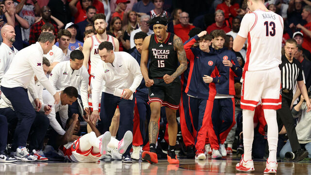 TUCSON, ARIZONA - FEBRUARY 14: JT Toppin #15 of the Texas Tech Red Raiders celebrates as time expires in overtime to defeat the Arizona Wildcats 78-75 at McKale Center at ALKEME Arena on February 14, 2026 in Tucson, Arizona.