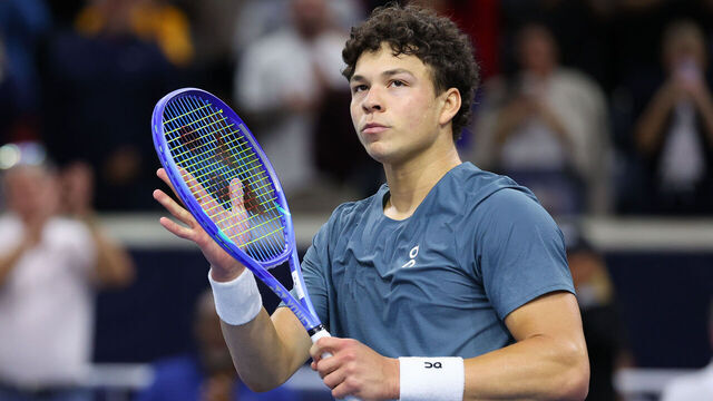 FRISCO, TEXAS - FEBRUARY 14: Ben Shelton of the United States celebrates after defeating Denis Shapovalov of Canada in the Men's Singles Semifinals match during day six of the 2026 Dallas Open at The Ford Center at The Star on February 14, 2026 in Frisco, Texas.