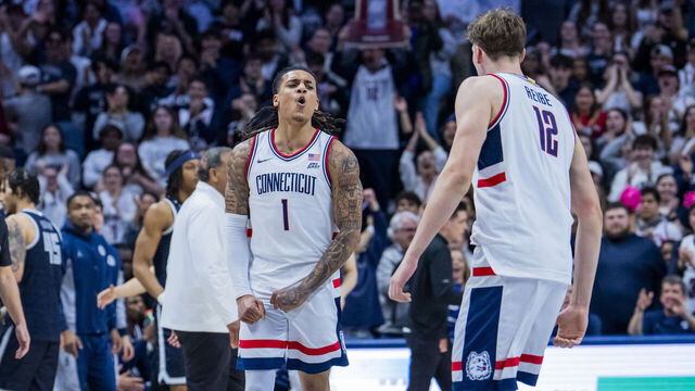 STORRS, CONNECTICUT - FEBRUARY 14: Solo Ball #1 of the Connecticut Huskies reacts during the first half of the NCAA men's basketball game against the Georgetown Hoyas at Harry A. Gampel Pavilion on February 14, 2026 in Storrs, Connecticut.
