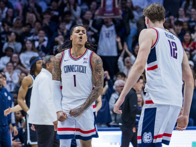STORRS, CONNECTICUT - FEBRUARY 14: Solo Ball #1 of the Connecticut Huskies reacts during the first half of the NCAA men's basketball game against the Georgetown Hoyas at Harry A. Gampel Pavilion on February 14, 2026 in Storrs, Connecticut.