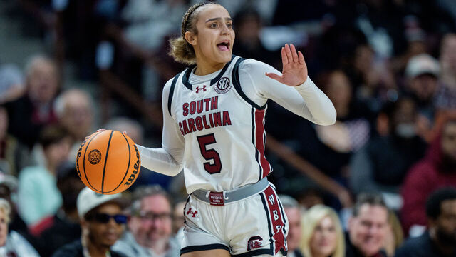 COLUMBIA, SOUTH CAROLINA - FEBRUARY 08: Tessa Johnson #5 of the South Carolina Gamecocks plays against the Tennessee Lady Volunteers during their game at Colonial Life Arena on February 08, 2026 in Columbia, South Carolina.