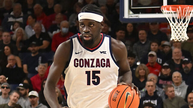 SPOKANE, WASHINGTON - JANUARY 8: Graham Ike #15 of the Gonzaga Bulldogs brings the ball up court during the first half of the game against the Santa Clara Broncos at McCarthey Athletic Center on January 8, 2026 in Spokane, Washington.