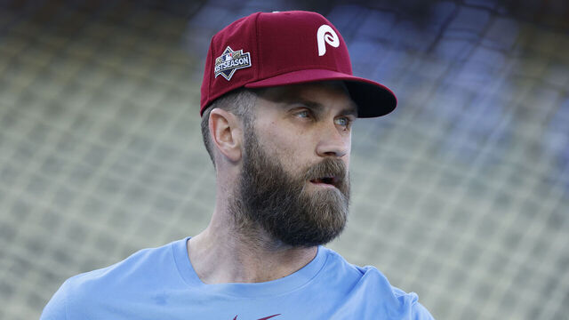 LOS ANGELES, CALIFORNIA - OCTOBER 08: Bryce Harper #3 of the Philadelphia Phillies looks on during batting practice prior to game three of the National League Division Series against the Los Angeles Dodgers of the National League Division Series at Dodger Stadium on October 08, 2025 in Los Angeles, California.