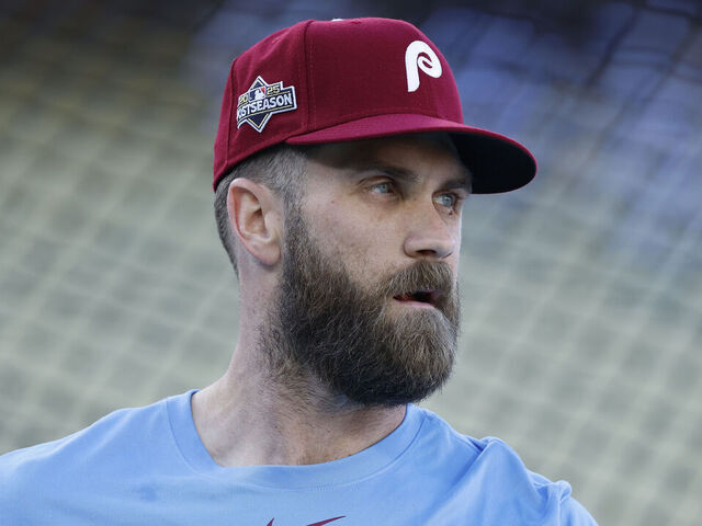 LOS ANGELES, CALIFORNIA - OCTOBER 08: Bryce Harper #3 of the Philadelphia Phillies looks on during batting practice prior to game three of the National League Division Series against the Los Angeles Dodgers of the National League Division Series at Dodger Stadium on October 08, 2025 in Los Angeles, California.