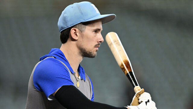 HOUSTON, TEXAS - MAY 14: Cavan Biggio #18 of the Kansas City Royals looks on prior to the game against the Houston Astros at Daikin Park on May 14, 2025 in Houston, Texas.