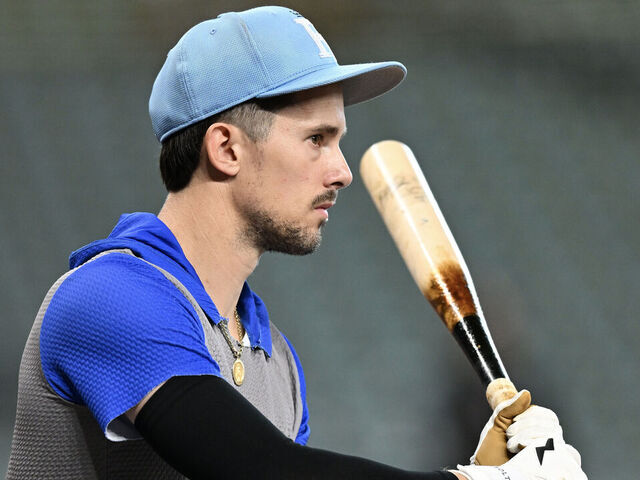 HOUSTON, TEXAS - MAY 14: Cavan Biggio #18 of the Kansas City Royals looks on prior to the game against the Houston Astros at Daikin Park on May 14, 2025 in Houston, Texas.
