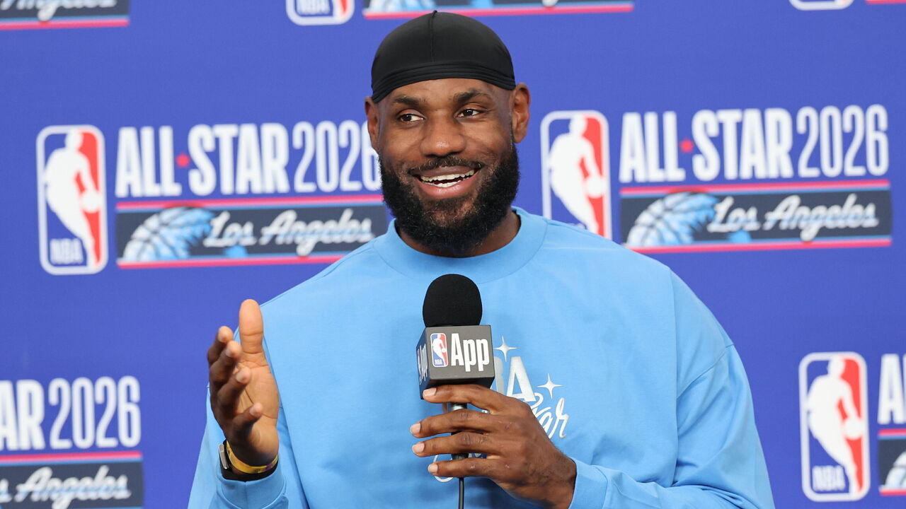 Inglewood, CA - February 15: Lakers star LeBron James speaks at a press conference before the 7th NBA All-Star Game at the Intuit Dome in Inglewood Sunday, Feb. 15, 2026. James, who was snubbed from the starting lineup for the first time in 21 years, is still set to participate in the game as a reserve. (Allen J. Schaben / Los Angeles Times via Getty Images)