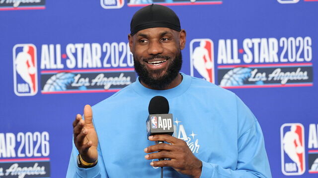 Inglewood, CA - February 15: Lakers star LeBron James speaks at a press conference before the 7th NBA All-Star Game at the Intuit Dome in Inglewood Sunday, Feb. 15, 2026. James, who was snubbed from the starting lineup for the first time in 21 years, is still set to participate in the game as a reserve. (Allen J. Schaben / Los Angeles Times via Getty Images)